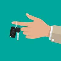 Hand holding car Key with alarm and chain. vector illustration in flat style on green background