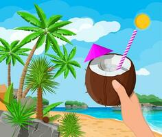 Coconut with cold drink, alcohol cocktail in hand. Landscape of palm tree on beach. Sun with reflection in water, clouds. Day in tropical place. Vacation and holidays. Vector illustration flat style