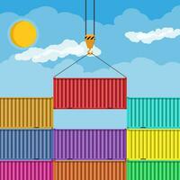 Crane hook lifts metal cargo container. Freight cargo transportation and sea port logistics. Vector illustration in flat style