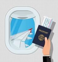 Window from inside the airplane. Hand with passport and ticket. Aircraft porthole shutter and wing. Air journey or vacation concept. Vector illustration in flat style