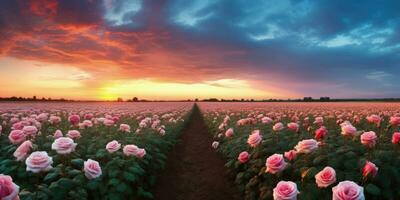 AI generated Rose field in the sunrise morning with beautiful sky photo