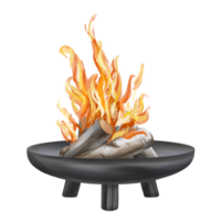 A campfire in a black metal bowl . Camping equipment for cooking, barbecue outside the city, in nature. Outdoor recreation, traveling with a company, family weekends. Isolated illustration png