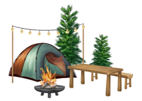 A campground with a wooden picnic table and a campfire in forest among fir trees. A tourist trip to nature, parks and nature reserves. Cozy meetings with friends and family. Isolated illustration png