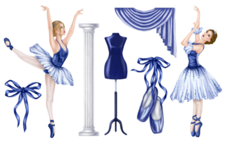 A set of isolated illustrations on theme of ballet in blue. A pair of ballerinas in puffy tutus, pointe shoes, theater columns and curtains. Choreographic performance with participation of dancers png