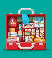 First aid kit with medical equipment and medications. Bag for medicine. Healthcare, hospital and medical diagnostics. Urgency and emergency services. Vector illustration in flat style