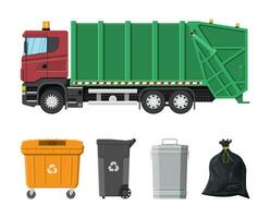 Truck for assembling and transportation garbage. Car waste disposal. Can container, bag and bucket for garbage. Recycling and utilization equipment. Waste management. Vector illustration in flat style