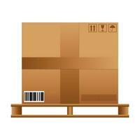 Big brown closed carton delivery box with fragile signs and barcode on wooden pallet. vector illustration isolated on white background