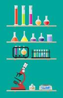Laboratory equipment on shelves, jars, beakers, flasks, microscope, spirit lamp, scales, biology science education medical vector illustration in flat style