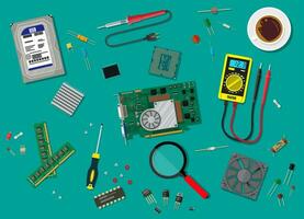 Hard drive, cpu, fan, graphic card, memory, screwdriver. Set of personal computer hardware. Digital multimeter and soldering tool. Fixing pc components. Service. Vector illustration in flat style