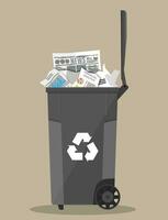 trash recycle bin container for garbage full of paper. Bin for papers. Vector illustration in flat design