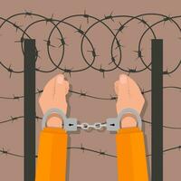 human hands in handcuffs and background with barbed wire. anti criminal, anti corruption concepts. vector illustration in flat design on brown background