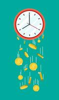 Golden coins falling from clocks. Overspending, losing, bankruptcy, devalue, deficit, losing money. Time is money concept. Vector illustration in flat style