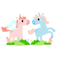 söt enhörningar, ponny eller häst med magisk, png ClipArt. unicorns illustration med regnbåge, stjärnor, hjärtan, moln, slott i tecknad serie stil.