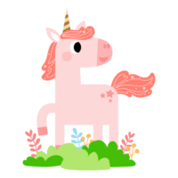 Cute unicorns, Pony or horse with magical, PNG clipart. Unicorns illustration with rainbow, stars, hearts, clouds, castle in cartoon style.