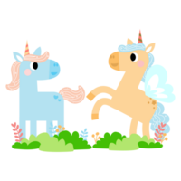 Cute unicorns, Pony or horse with magical, PNG clipart. Unicorns illustration with rainbow, stars, hearts, clouds, castle in cartoon style.