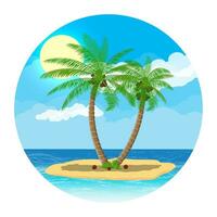 Landscape of palm tree on beach. Sun with reflection in water and clouds. Day in tropical place. Vector illustration in flat style