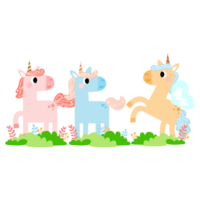 Cute unicorns, Pony or horse with magical, PNG clipart. Unicorns illustration with rainbow, stars, hearts, clouds, castle in cartoon style.