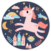 Cute unicorns, Pony or horse with magical, PNG clipart. Unicorns illustration with rainbow, stars, hearts, clouds, castle in cartoon style.