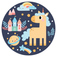 schattig eenhoorns, pony of paard met magisch, PNG clip art. eenhoorns illustratie met regenboog, sterren, harten, wolken, kasteel in tekenfilm stijl.