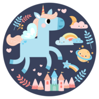 Cute unicorns, Pony or horse with magical, PNG clipart. Unicorns illustration with rainbow, stars, hearts, clouds, castle in cartoon style.