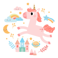 Cute unicorns, Pony or horse with magical, PNG clipart. Unicorns illustration with rainbow, stars, hearts, clouds, castle in cartoon style.