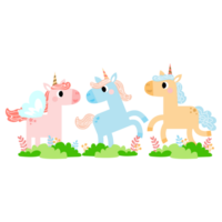 mignonne des licornes, poney ou cheval avec magique, png clipart. licornes illustration avec arc-en-ciel, étoiles, cœurs, des nuages, Château dans dessin animé style.