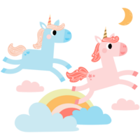 süß Einhörner, Pony oder Pferd mit magisch, png Clip Art. Einhörner Illustration mit Regenbogen, Sterne, Herzen, Wolken, Schloss im Karikatur Stil.