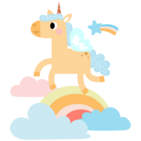 süß Einhörner, Pony oder Pferd mit magisch, png Clip Art. Einhörner Illustration mit Regenbogen, Sterne, Herzen, Wolken, Schloss im Karikatur Stil.