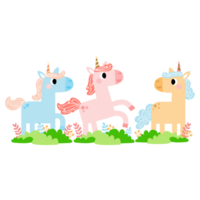 Cute unicorns, Pony or horse with magical, PNG clipart. Unicorns illustration with rainbow, stars, hearts, clouds, castle in cartoon style.