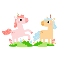 schattig eenhoorns, pony of paard met magisch, PNG clip art. eenhoorns illustratie met regenboog, sterren, harten, wolken, kasteel in tekenfilm stijl.