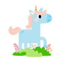 Cute unicorns, Pony or horse with magical, PNG clipart. Unicorns illustration with rainbow, stars, hearts, clouds, castle in cartoon style.