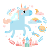 mignonne des licornes, poney ou cheval avec magique, png clipart. licornes illustration avec arc-en-ciel, étoiles, cœurs, des nuages, Château dans dessin animé style.
