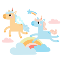 Cute unicorns, Pony or horse with magical, PNG clipart. Unicorns illustration with rainbow, stars, hearts, clouds, castle in cartoon style.