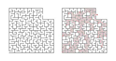 Vector illustration. Template for an educational logical game labyrinth for children with a solution. Find the right path