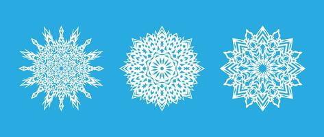 Vector illustration. Beautiful set of white snowflakes on a blue background for winter design. Collection of Christmas and New Year elements. Frozen silhouettes of crystal snowflakes.