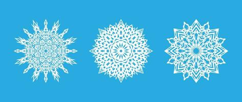 Vector illustration. Beautiful set of white snowflakes on a blue background for winter design. Collection of Christmas and New Year elements. Frozen silhouettes of crystal snowflakes.