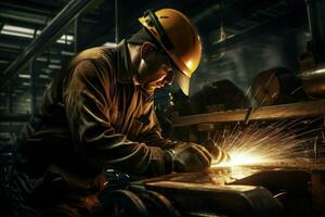 Work crew working with heavy metallurgical equipment, young male technician working in industry Ai generated photo
