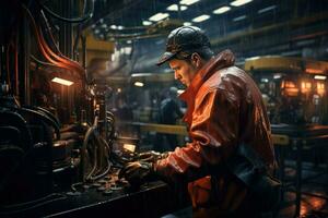 Work crew working with heavy metallurgical equipment, young male technician working in industry Ai generated photo