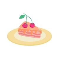 Slice of cake with cherries on the plate. Vector illustration isolated on white background.