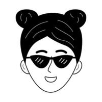 Doodle human face of woman in sunglasses. Cute outline character avatar. Vector linear illustration.