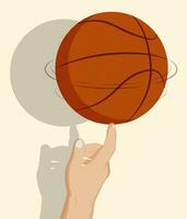 man hand of athlete spins basketball ball on index finger. Team sports. Tricks. Active lifestyle. Cartoon vector