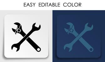 Crossed wrenches for car repair icon on paper square sticker with shadow. Maintenance of technical condition of car. Mobile app button. Vector