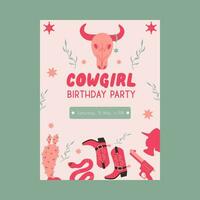 Flat style wild west cowgirl party birthday invitation vector