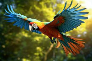 AI generated Flying macaw parrot, Colorful Amazon macaw parrot against jungle, Wildlife and rainforest exotic tropical birds Ai generated photo