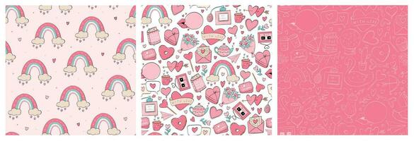 set of Valentine's day seamless pattern with doodles, cartoon elements for giftware, wallpaper, textile prints, wrapping paper, scrapbooking, etc. EPS 10 vector