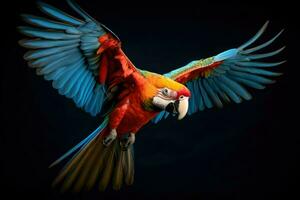AI generated Flying macaw parrot, Colorful Amazon macaw parrot against jungle, Wildlife and rainforest exotic tropical birds Ai generated photo
