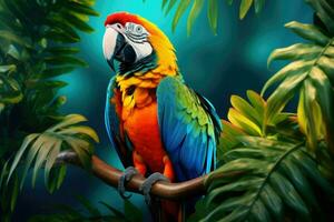 AI generated Close up photo of macaw parrot, Colorful portrait of Amazon macaw parrot against jungle. Side view of wild parrot head . Wildlife and rainforest exotic tropical birds Ai generated