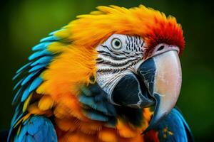 ai generado cerca arriba foto de guacamayo loro, vistoso retrato de Amazonas guacamayo loro en contra selva. lado ver de salvaje loro cabeza . fauna silvestre y selva exótico tropical aves ai generado