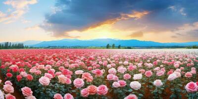 AI generated Rose field in the sunrise morning with beautiful sky photo