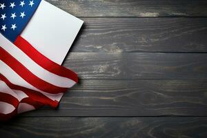 AI generated USA flag on a dark wooden table with a blank sheet of paper. Generative AI photo